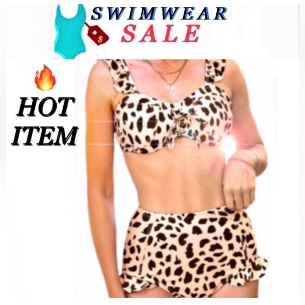 2PC Ruffled Cheetah print High Waisted women’s swimwear set size L NWOT